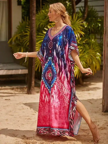 Chic Women's Long Caftan Print Cover-Up - Boho Beach Maxi Dress & Bathing Suit Abaya Outfits - Estalios